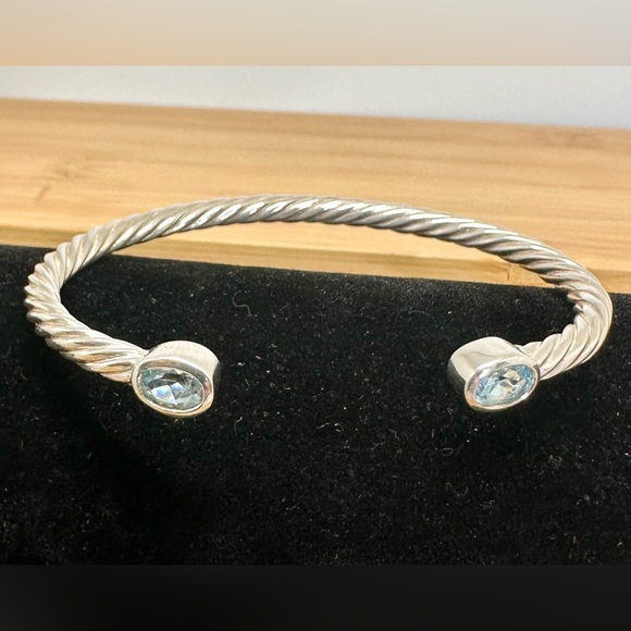 Sterling Silver Twist Classic Cable Bezel Set Blue Topaz Cabochon Cuff Bracelet